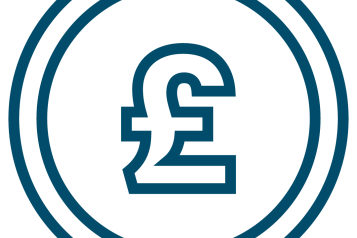 Blue pound sign in shape of a pound coin